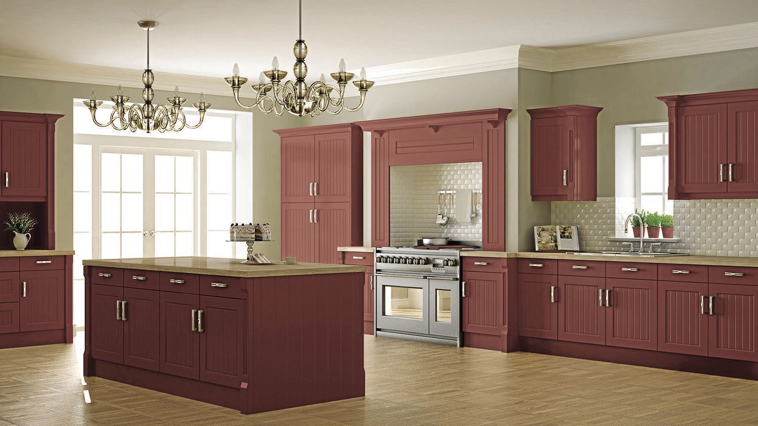 Classic kitchen, scandinavian minimal interior design with wooden and red details
